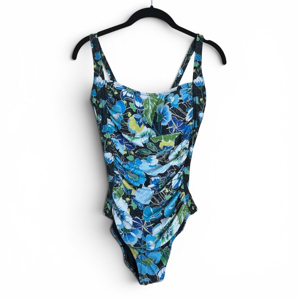 Johnny Was Jenn Ruched One Piece Swimsuit Metallic Hawaiian Size M
